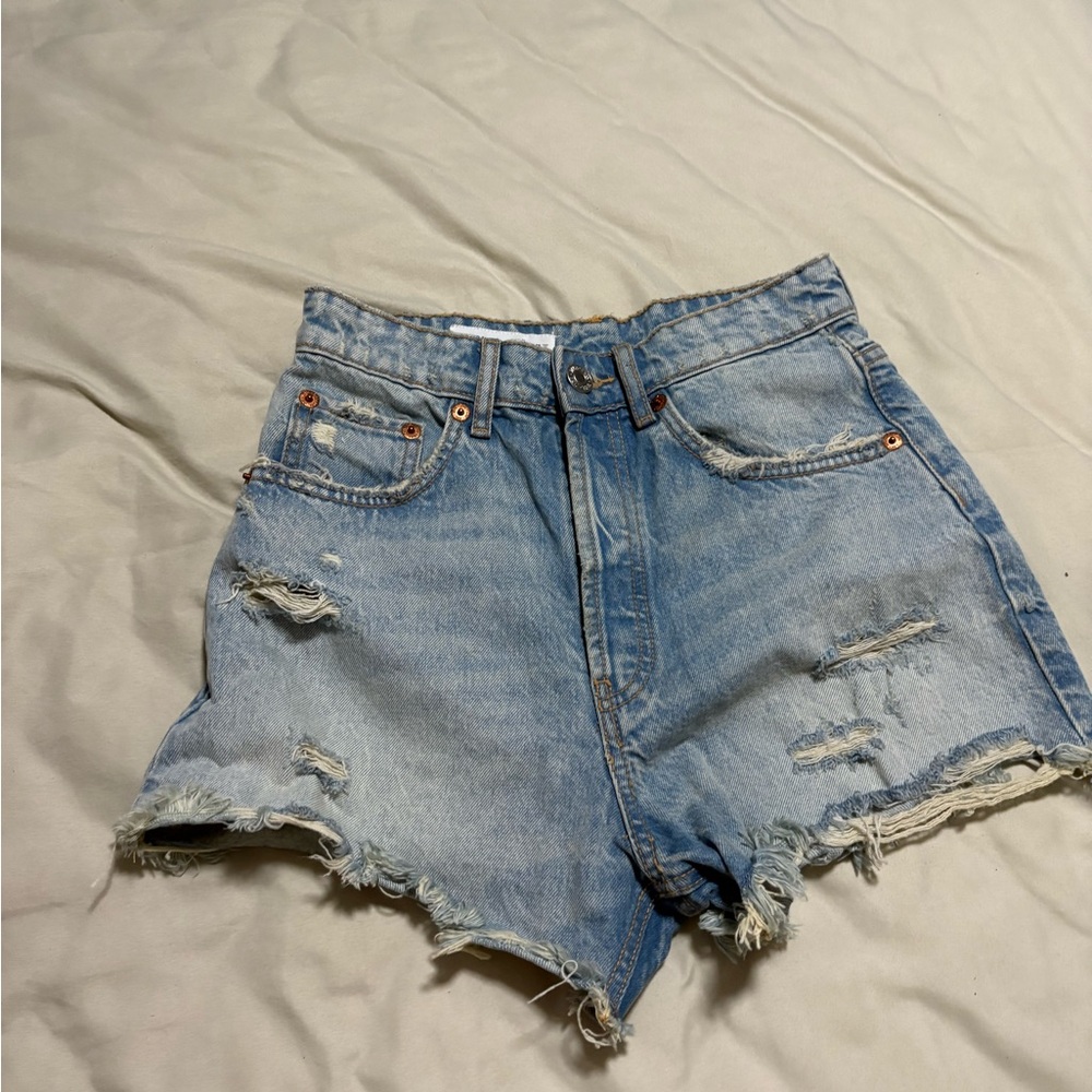 Zara Light Blue Distressed Jean Shorts